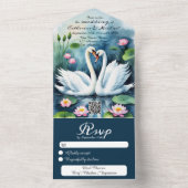 白鳥の愛の水色ロータス湖QRコード結婚ズ オールインワン招待状 (内側)