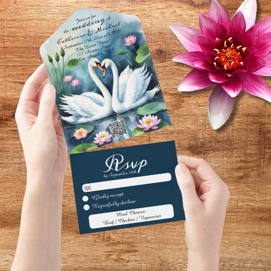 白鳥の愛の水色ロータス湖QRコード結婚ズ オールインワン招待状