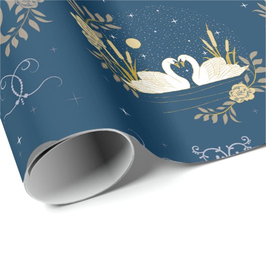 白鳥の愛の海軍と金ゴールドの贈り物 ラッピングペーパー (ロールコーナー)