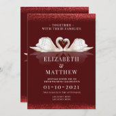 白鳥の招待客でテーマを結婚設定したブルゴーニュ 招待状 (正面/裏面)