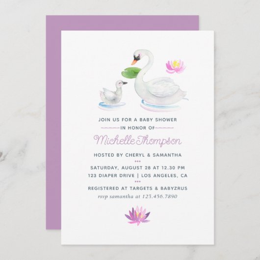 白鳥の水の色ベビーシャワーの招待 招待状 (正面/裏面)