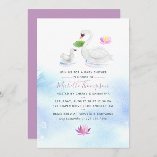 白鳥の水の色ベビーシャワーの招待 招待状 (正面/裏面)
