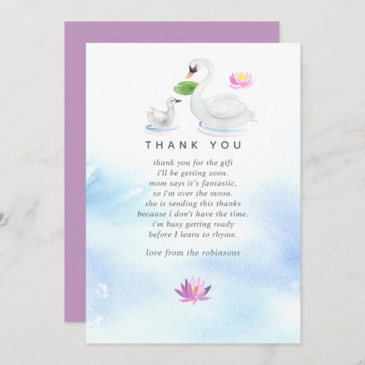 白鳥の水彩赤ちゃんシャワーありがとう サンキューカード (正面/裏面)