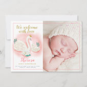 白鳥の池の金ゴールドの女の赤ちゃんのピンクの誕生の発表 案内状 (正面)