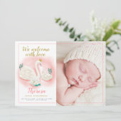 白鳥の池の金ゴールドの女の赤ちゃんのピンクの誕生の発表 案内状 (スタンド正面)