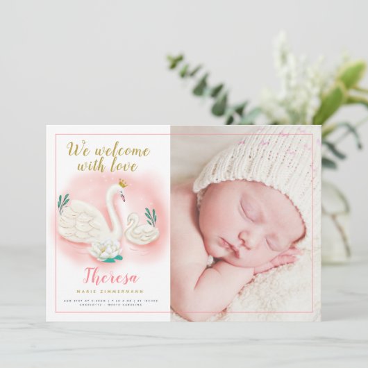 白鳥の池の金ゴールドの女の赤ちゃんのピンクの誕生の発表 案内状 (スタンド正面)