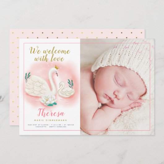 白鳥の池の金ゴールドの女の赤ちゃんのピンクの誕生の発表 案内状 (正面/裏面)