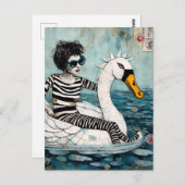 白鳥の浮ストライプのかぶ姿のゼブラ姿の女性 ポストカード (正面/裏面)