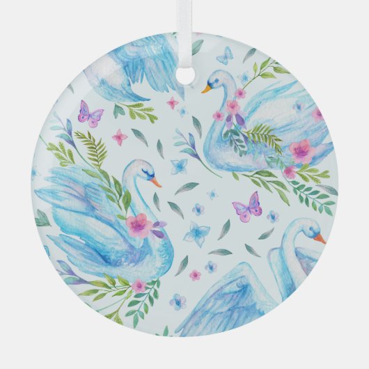 白鳥の湖、水色かわいいシームレスなパターン。 ガラスオーナメント (正面)