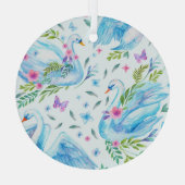 白鳥の湖、水色かわいいシームレスなパターン。 ガラスオーナメント (裏面)