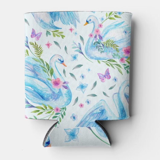 白鳥の湖、水色かわいいシームレスなパターン。 缶クーラー (正面)