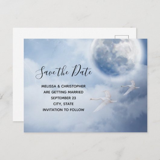 白鳥の美しい青飛んでいるい空が日付を保存 インビテーションポストカード (正面/裏面)