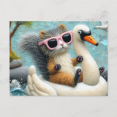 白鳥の花に乗ってかわいいリス猫のハイブリッド ポストカード (正面)