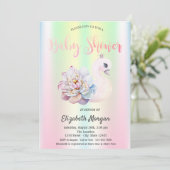 白鳥の花の虹彩色ホログラフィックベビーシャワー 招待状 (スタンド正面)