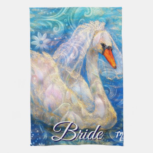 白鳥の花嫁w/ヴェールオンウォーターブルーパーソナライズされたホワイト キッチンタオル (縦)