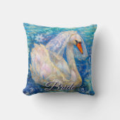 白鳥の花嫁w/ヴェールオンウォーターブルーパーソナライズされたホワイト クッション (正面)