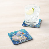 白鳥の花嫁w/ヴェールオンウォーターブルーパーソナライズされたホワイト コースター (右側)