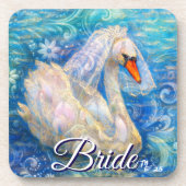 白鳥の花嫁w/ヴェールオンウォーターブルーパーソナライズされたホワイト コースター (正面)