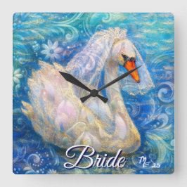 白鳥の花嫁w/ヴェールオンウォーターブルーパーソナライズされたホワイト スクエア壁時計