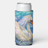白鳥の花嫁w/ヴェールオンウォーターブルーパーソナライズされたホワイト スリム缶クーラー (Seltzer正面)