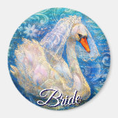 白鳥の花嫁w/ヴェールオンウォーターブルーパーソナライズされたホワイト マグネット (正面)