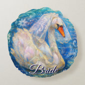 白鳥の花嫁w/ヴェールオンウォーターブルーパーソナライズされたホワイト ラウンドクッション (裏面)