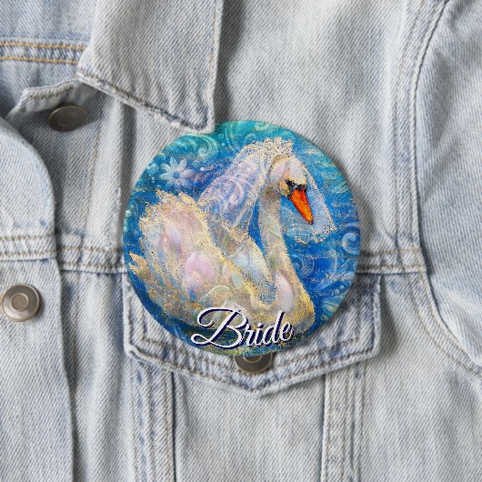 白鳥の花嫁w/ヴェールオンウォーターブルーパーソナライズされたホワイト 缶バッジ (インサイチュ)