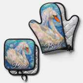 白鳥の花嫁w/ヴェールオンウォーターブルーパーソナライズされたホワイト 鍋つかみ&鍋敷きセット (正面/裏面)