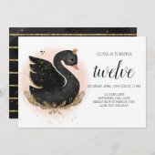 白鳥の誕生日パーティーへの招待 |ブラックと金ゴールド 招待状 (正面/裏面)