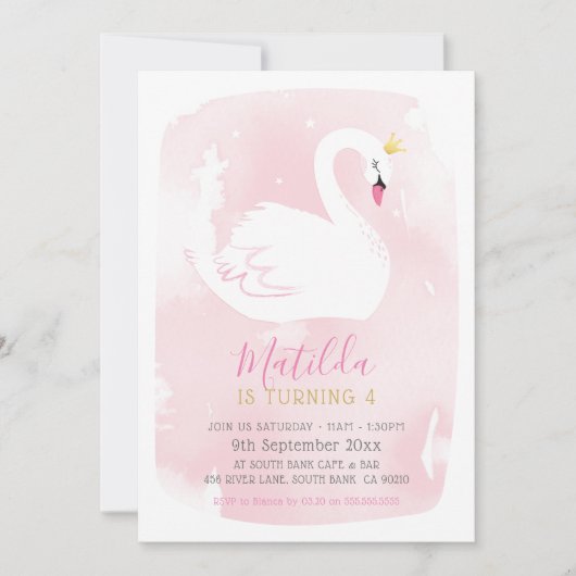 白鳥の誕生日パーティーピかわいらしーエレガント金ゴールド淡い色のピンク 招待状 (正面)