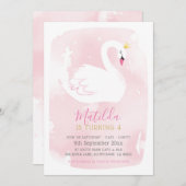 白鳥の誕生日パーティーピかわいらしーエレガント金ゴールド淡い色のピンク 招待状 (正面/裏面)
