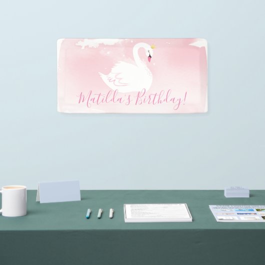 白鳥の誕生日パーティーピかわいらしーエレガント金ゴールド淡い色のピンク 横断幕 (トレードショー)
