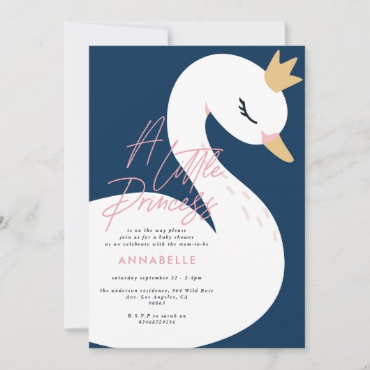 白鳥の赤ちゃんガーリーシャワーピンクのネイビーブルーかわいいエレガント 招待状 (正面)