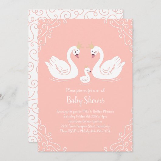 白鳥の赤ちゃんシャワーバードと王冠の共同編ピーチ 招待状 (正面/裏面)
