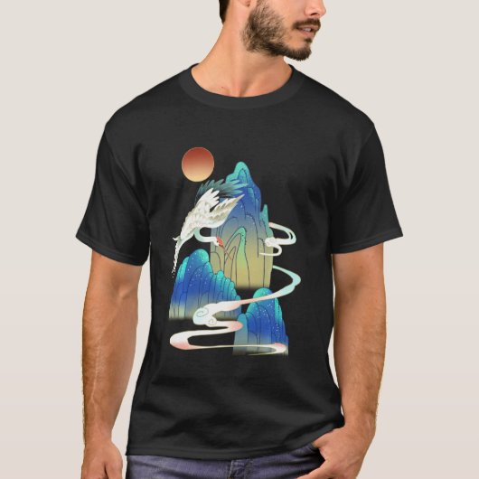 白鳥の雪鶴の日中国の没の絵画山 Tシャツ (正面)