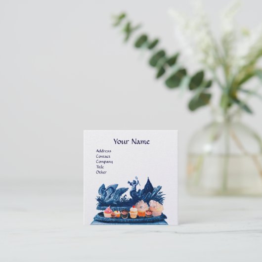 白鳥の青いチャリオット、カップケーキ、ペストリーホワイトパール スクエア名刺 (スタンド正面)