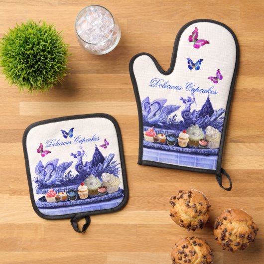 白鳥の青い戦車、蝶とカップケーキ 鍋つかみ&鍋敷きセット (トップダウン)