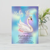 白鳥エレガント王冠の花ホログラフィックベビーシャワー 招待状 (スタンド正面)