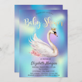 白鳥エレガント王冠の花ホログラフィックベビーシャワー 招待状 (正面/裏面)