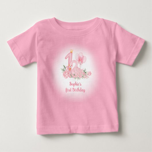 白鳥ピンク白フローラ名少女1st誕生日 ベビーTシャツ (正面)