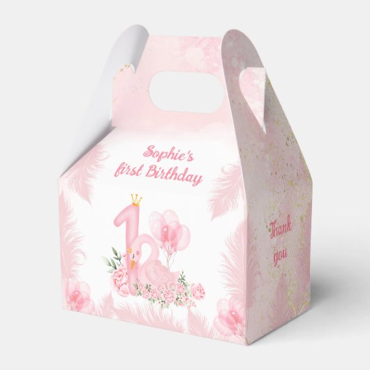 白鳥フローラ羽毛ピンク1st誕生日スモールゲーブル フェイバーボックス (正面サイド)