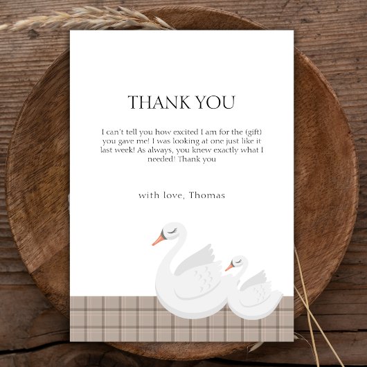 白鳥ミニマルモダン格子輪ギンガムボーイ赤ちゃんシャワー サンキューカード