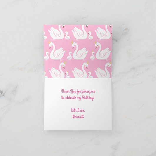 白鳥1歳の誕生日パーティー赤ちゃんシャワーピンク カード (内部)