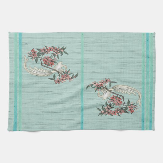 白鳥 – さくらんぼ花アクア キッチンタオル (横)