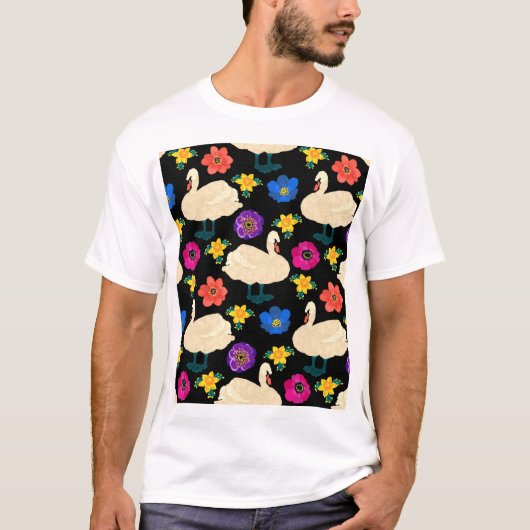 白鳥、花、手で描いた黒い背景。 Tシャツ (正面)