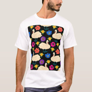 白鳥、花、手で描いた黒い背景。 Tシャツ