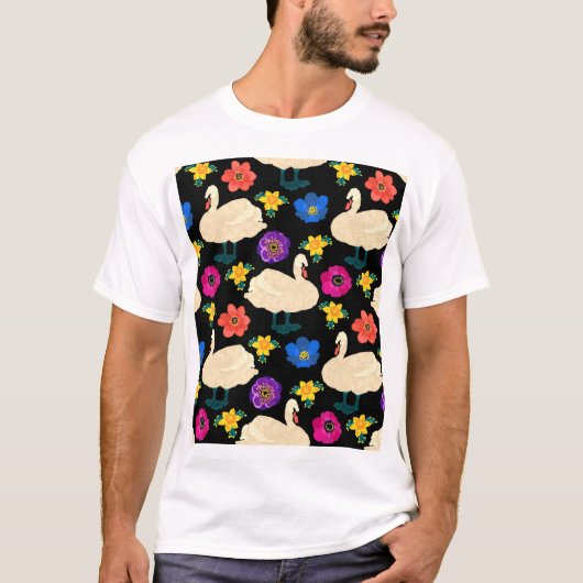 白鳥、花、手で描いた黒い背景。 Tシャツ (正面)