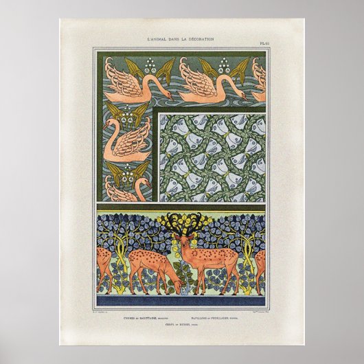 白鳥、蝶と矢頭植物の葉 ポスター (正面)