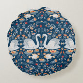 白鳥、魚、花が青い背景。デコラティフ ラウンドクッション (裏面)