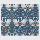 白鳥、魚、花が青い背景。デコラティフ ラッピングペーパー (フラット)